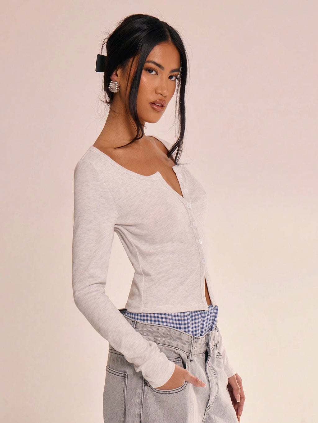 Grey Button Front Crop Top
