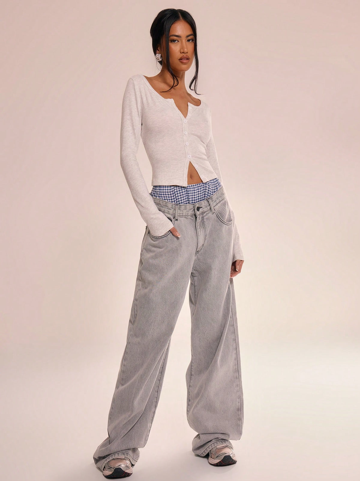 Grey Button Front Crop Top