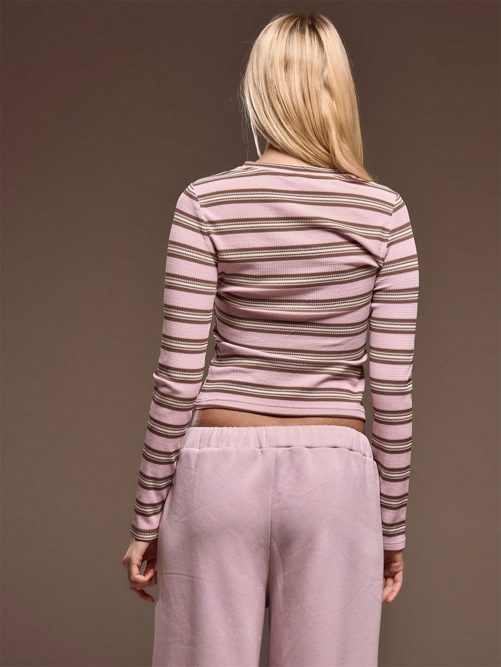 Pink Stripe Henley Long Sleeve Top