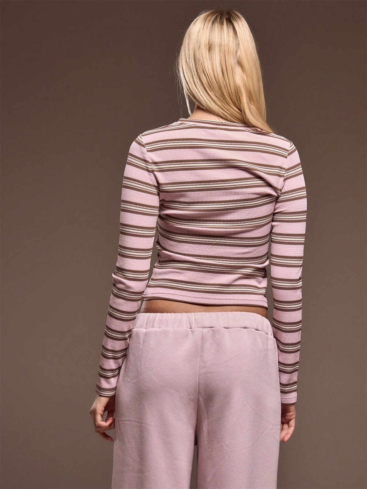 Pink Stripe Henley Long Sleeve Top