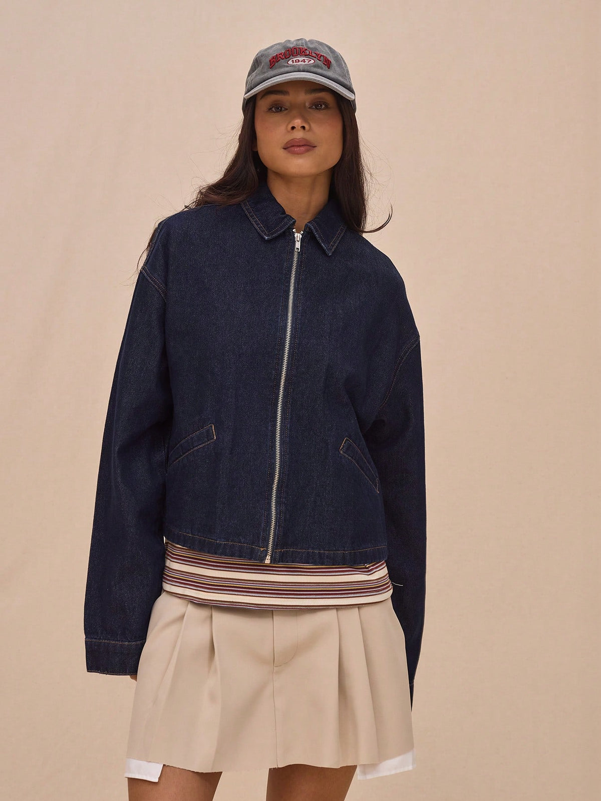 Dark Wash Cropped Zip Denim Jacket