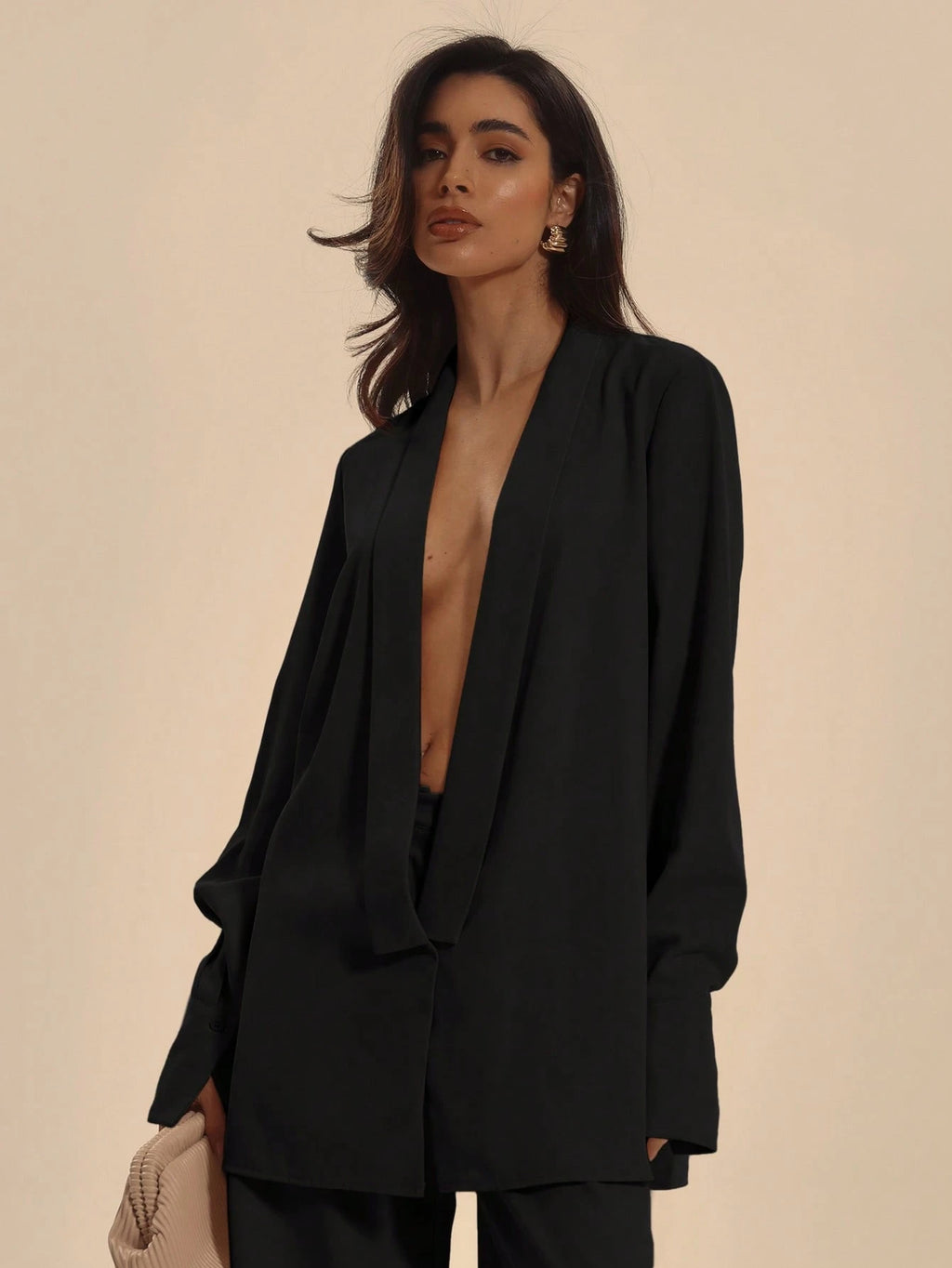 Black Shawl Collar Longline Shirt