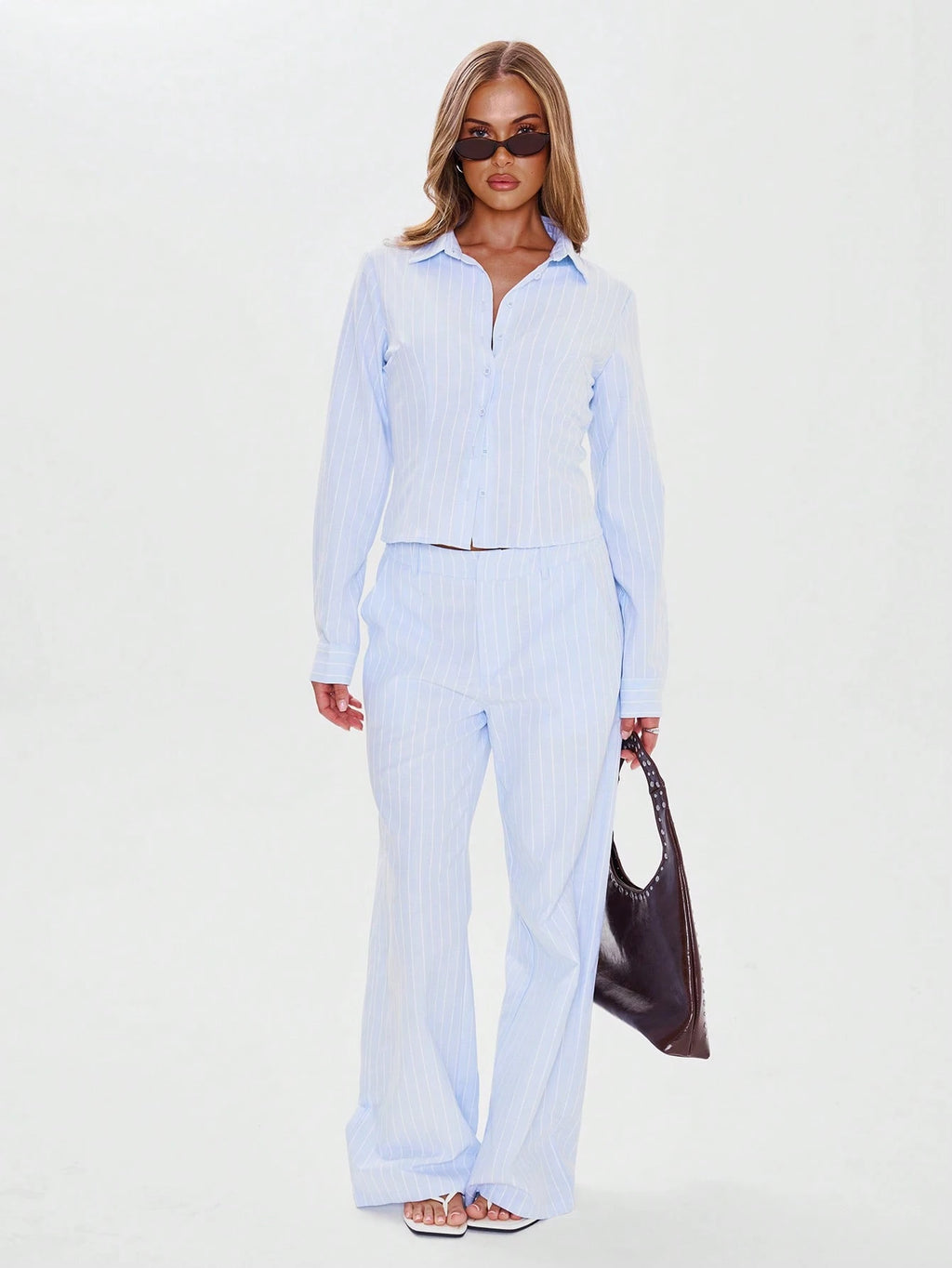 Baby Blue Pinstripe Straight Leg Trousers