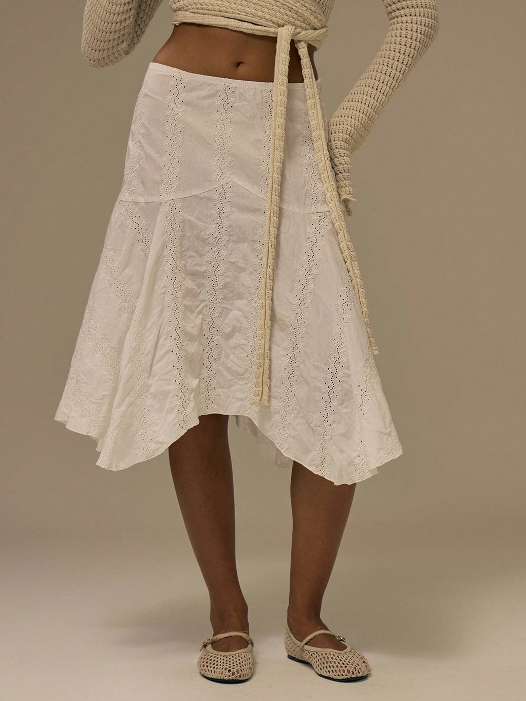 White Asymmetric Hem Midi Skirt