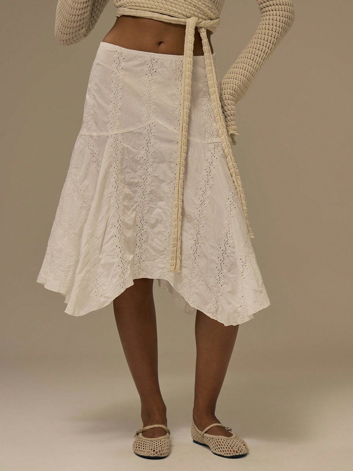 White Asymmetric Hem Midi Skirt