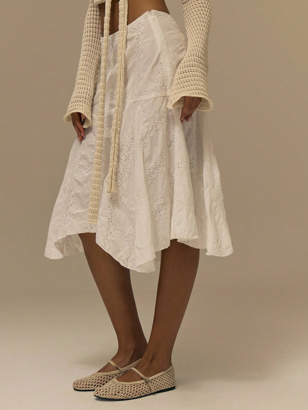 White Asymmetric Hem Midi Skirt