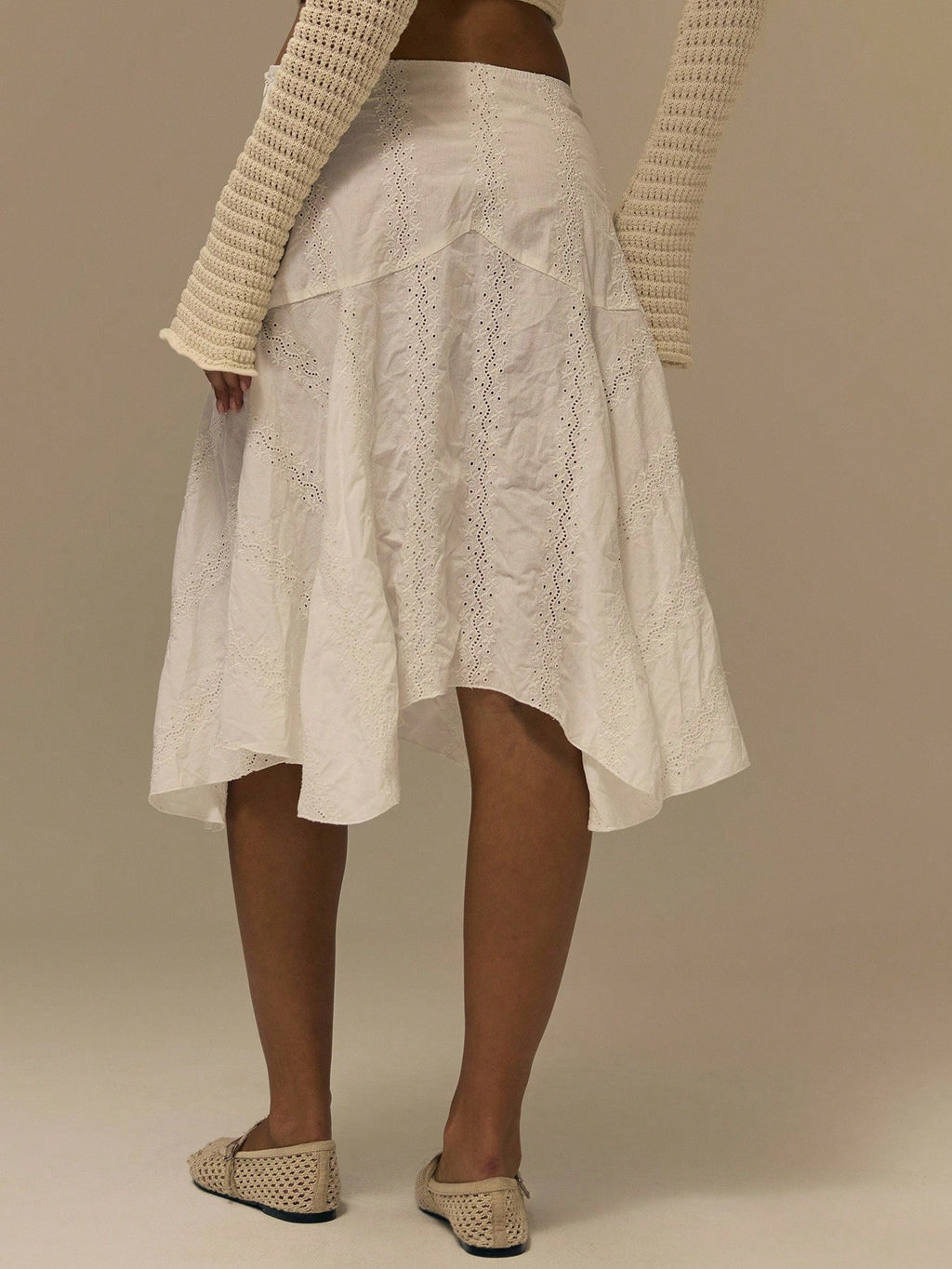 White Asymmetric Hem Midi Skirt