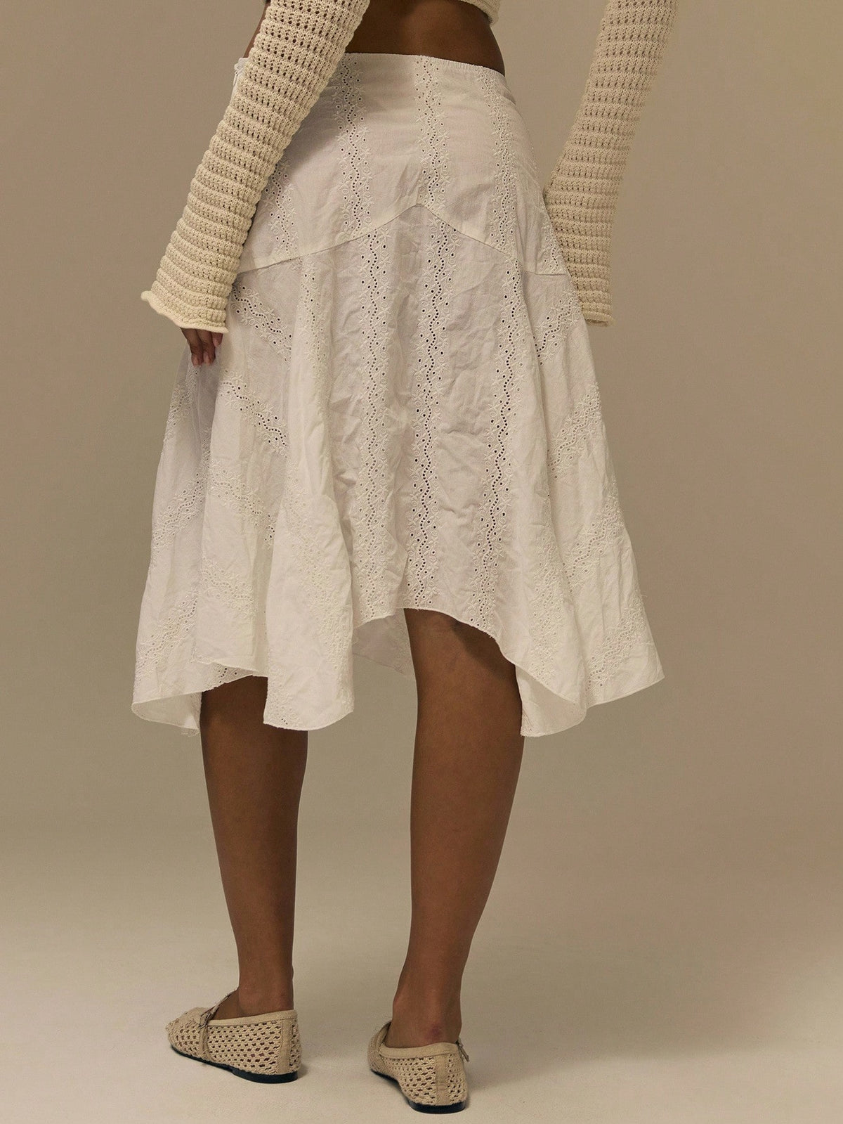 White Asymmetric Hem Midi Skirt