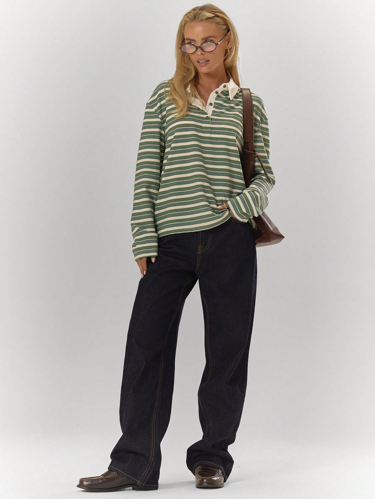 Stripe Oversized Collar Polo Top – Workwear