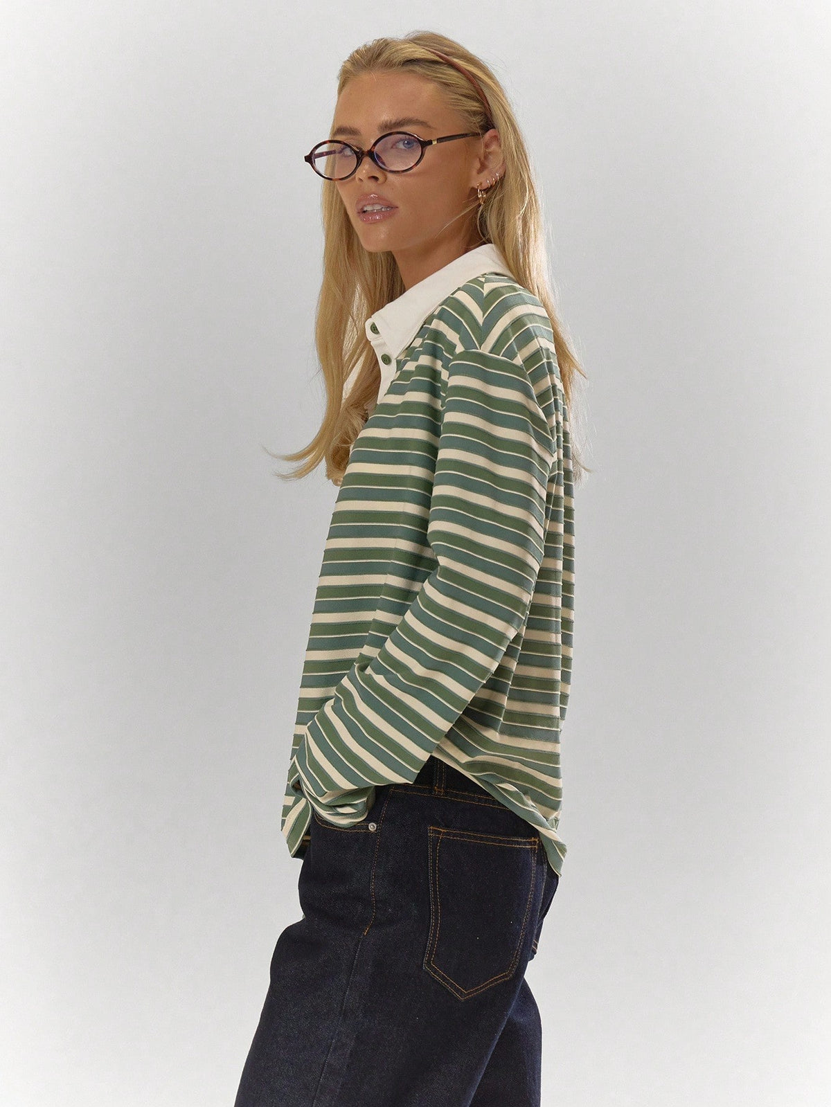 Stripe Oversized Collar Polo Top – Workwear
