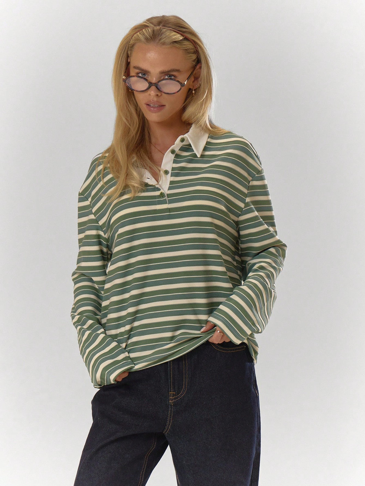 Stripe Oversized Collar Polo Top – Workwear
