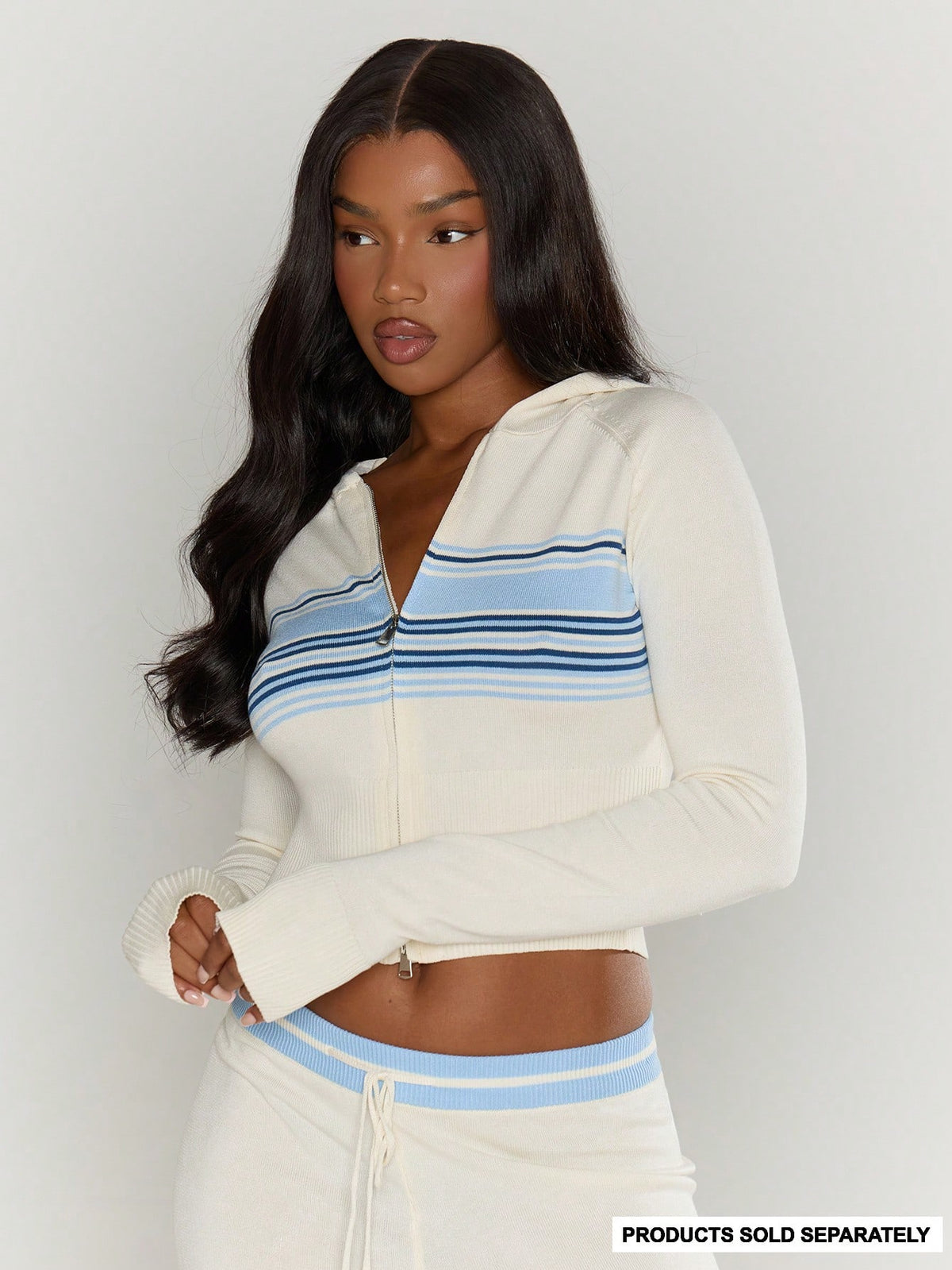 Cream Striped Knit Zip Hoodie