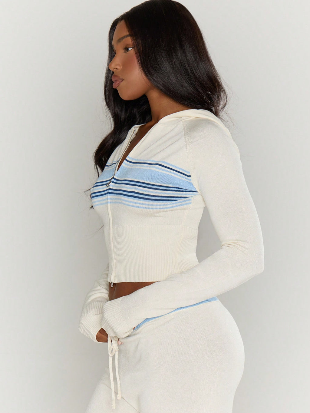 Cream Striped Knit Zip Hoodie