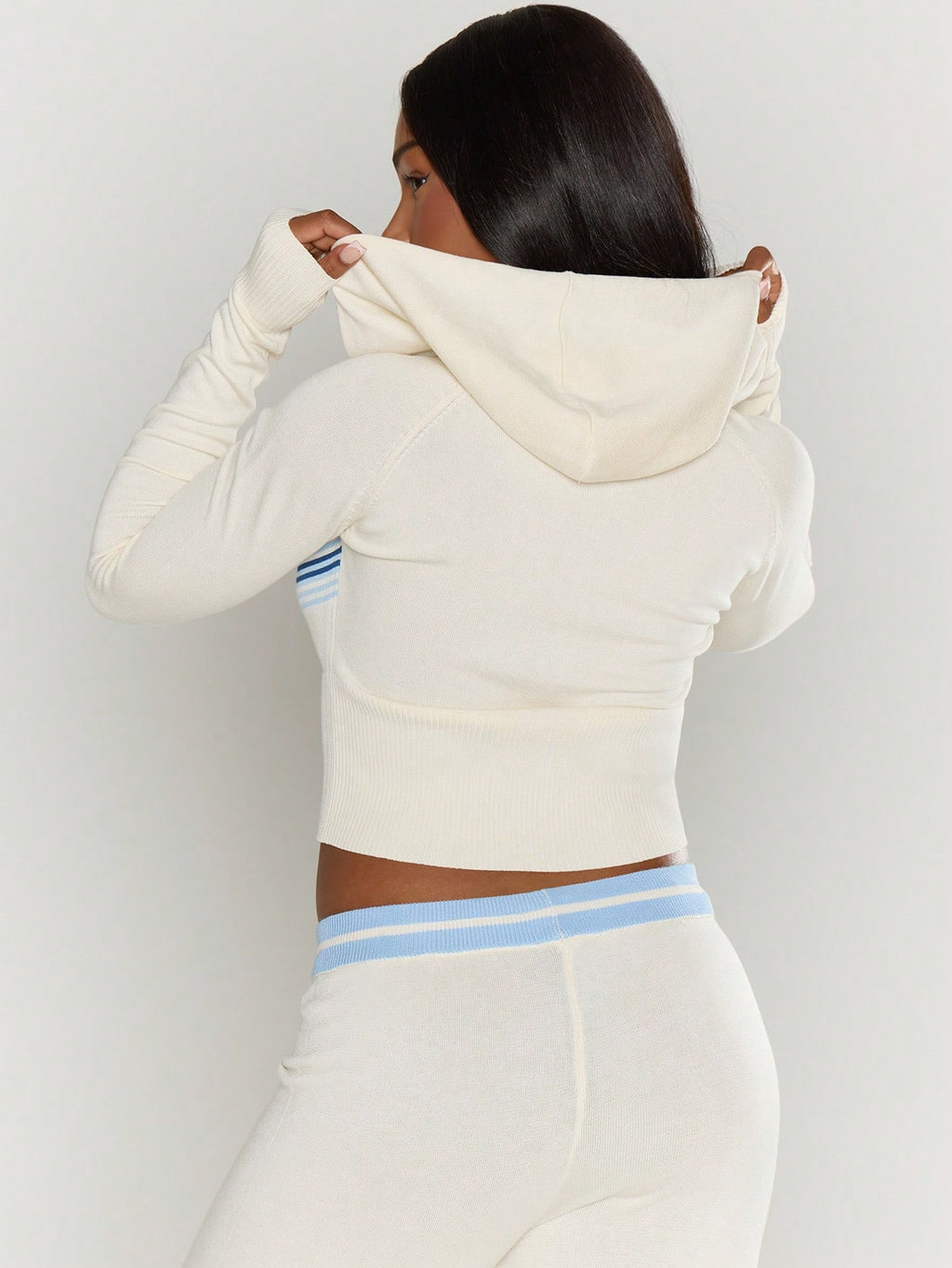 Cream Striped Knit Zip Hoodie