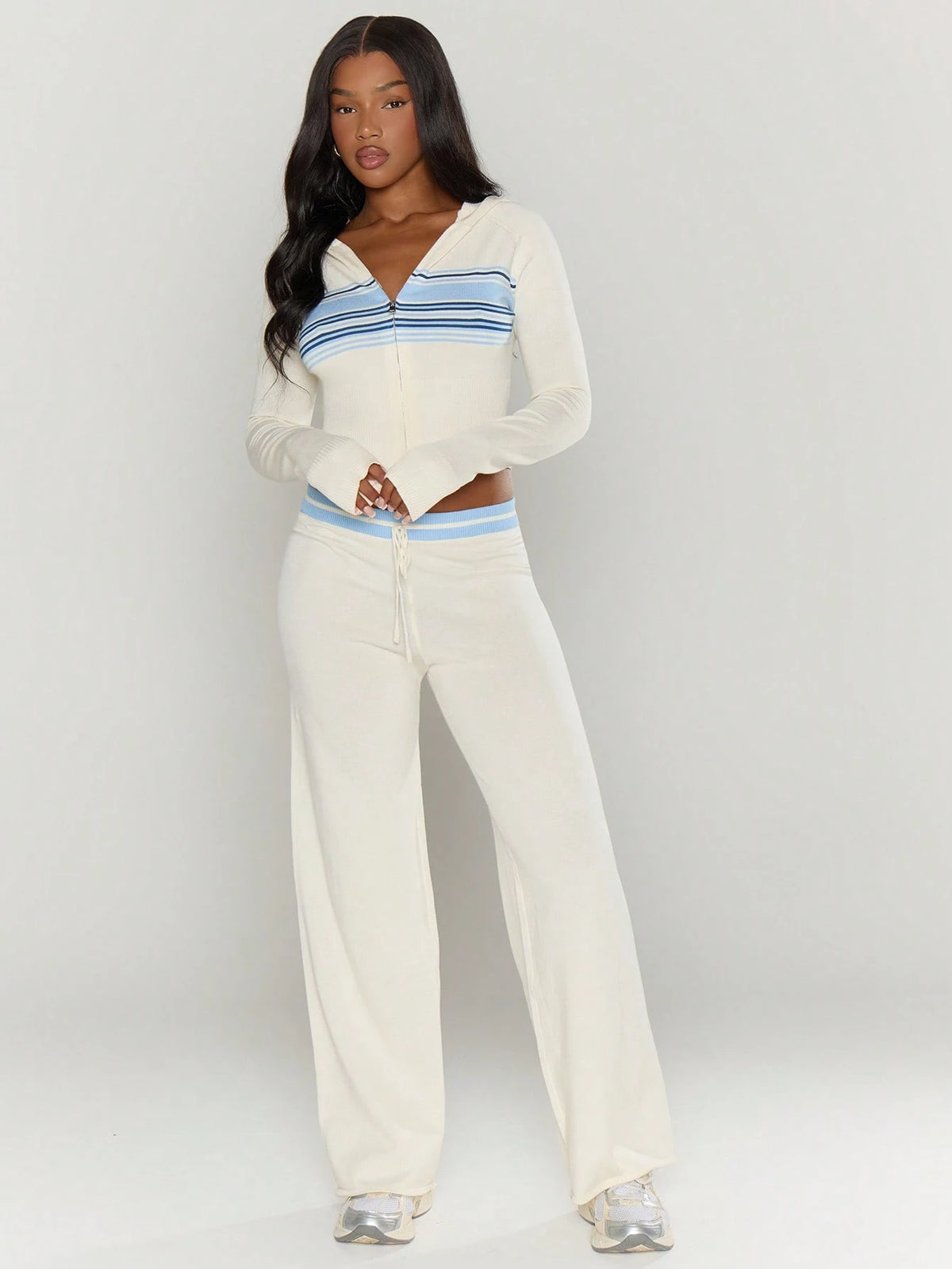 Cream Striped Knit Zip Hoodie