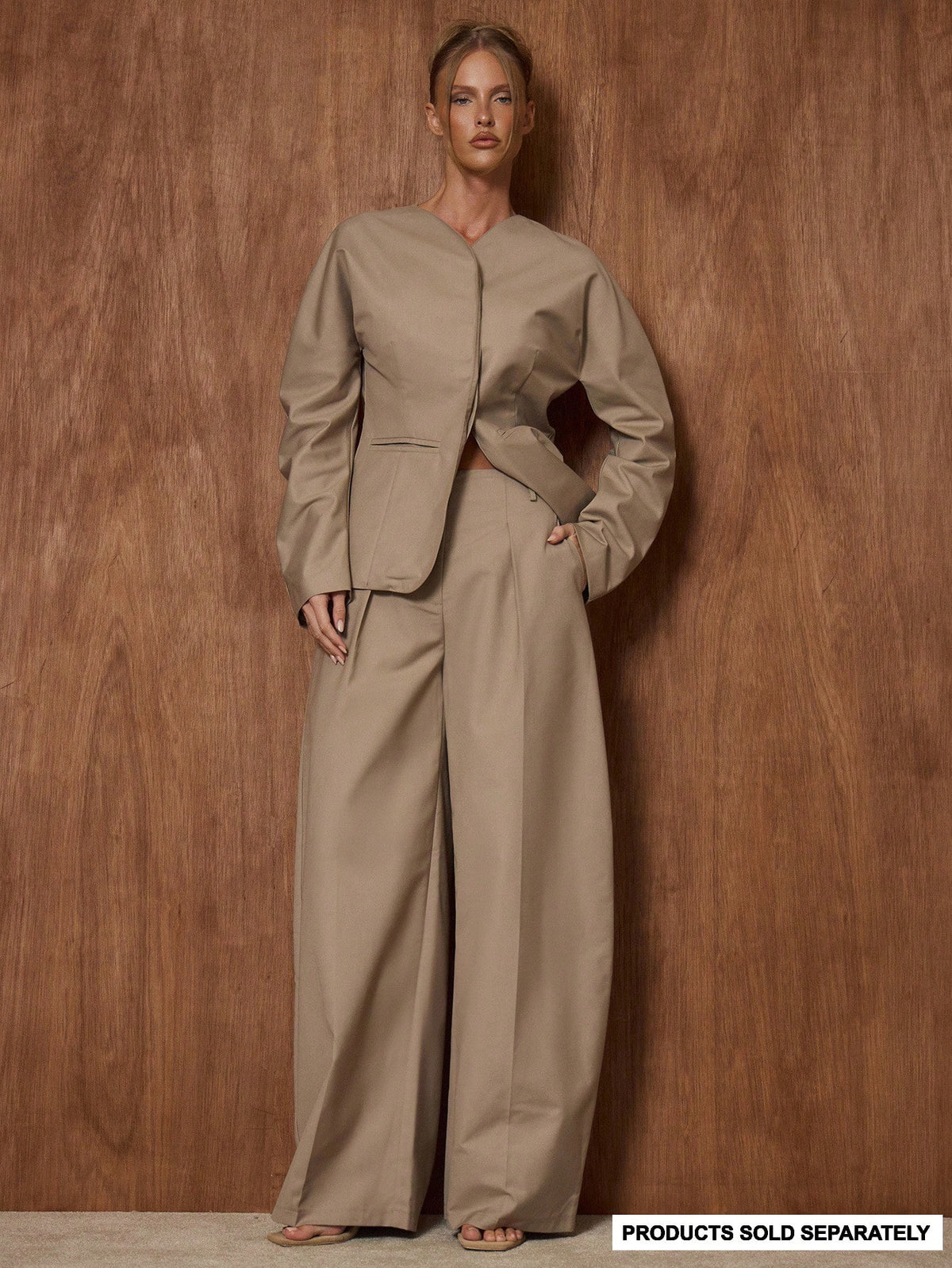 Khaki High Waist Wide Leg Suit Trousers