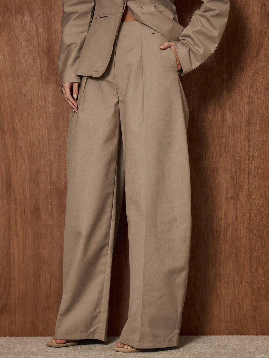 Khaki High Waist Wide Leg Suit Trousers