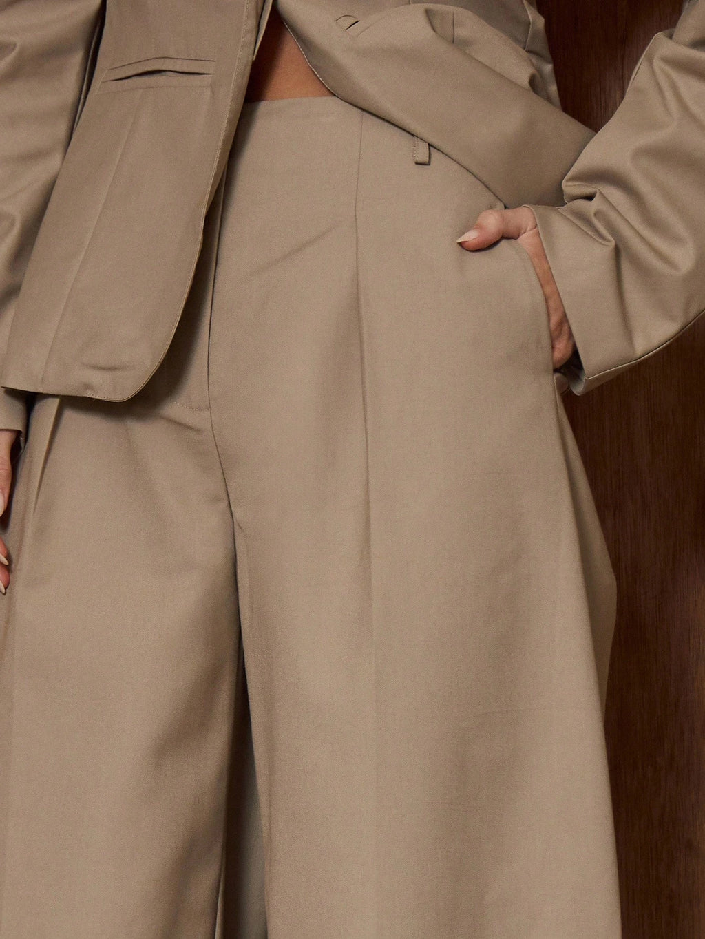 Khaki High Waist Wide Leg Suit Trousers