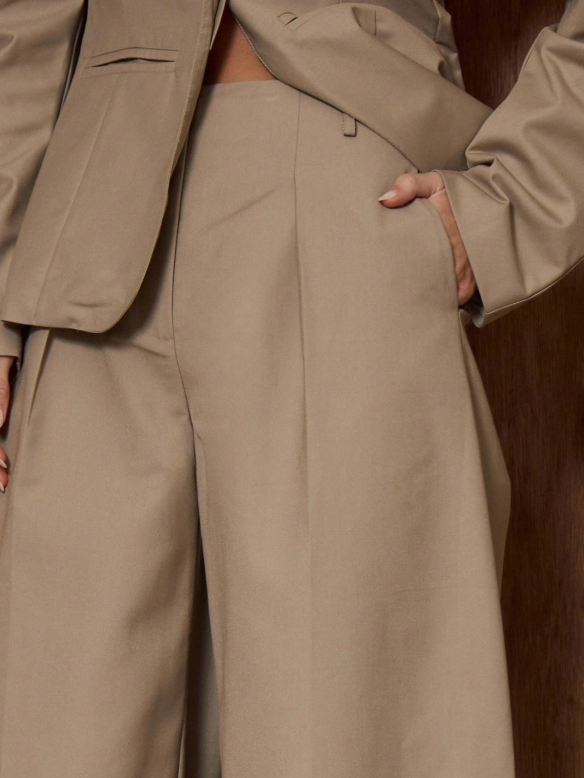 Khaki High Waist Wide Leg Suit Trousers