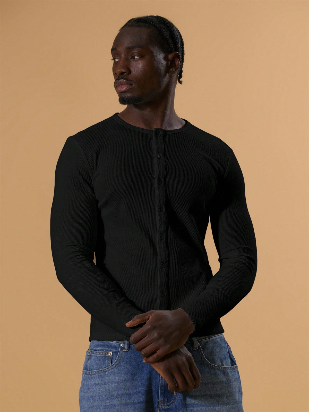 Black Button Through Long Sleeve Top