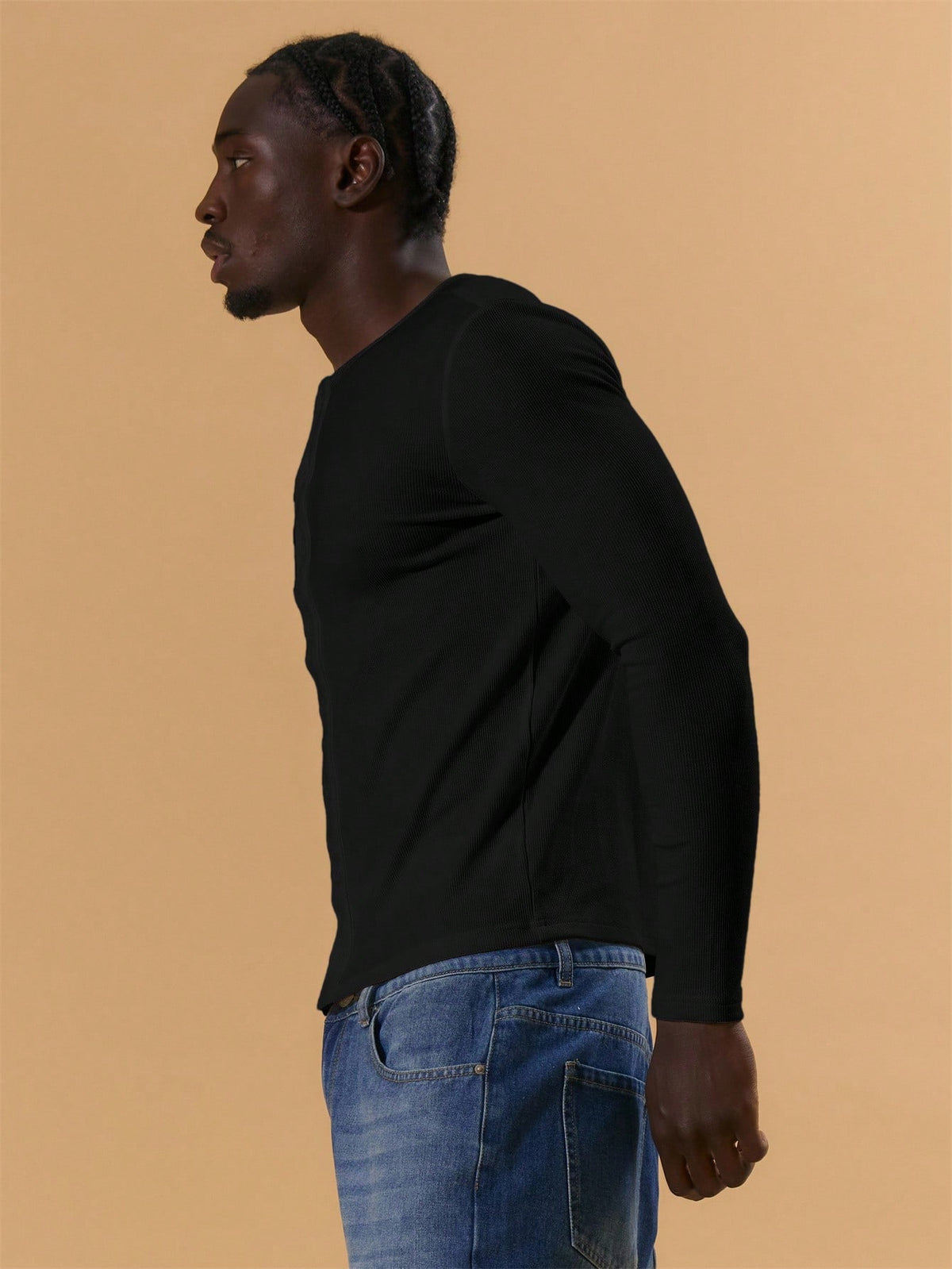 Black Button Through Long Sleeve Top