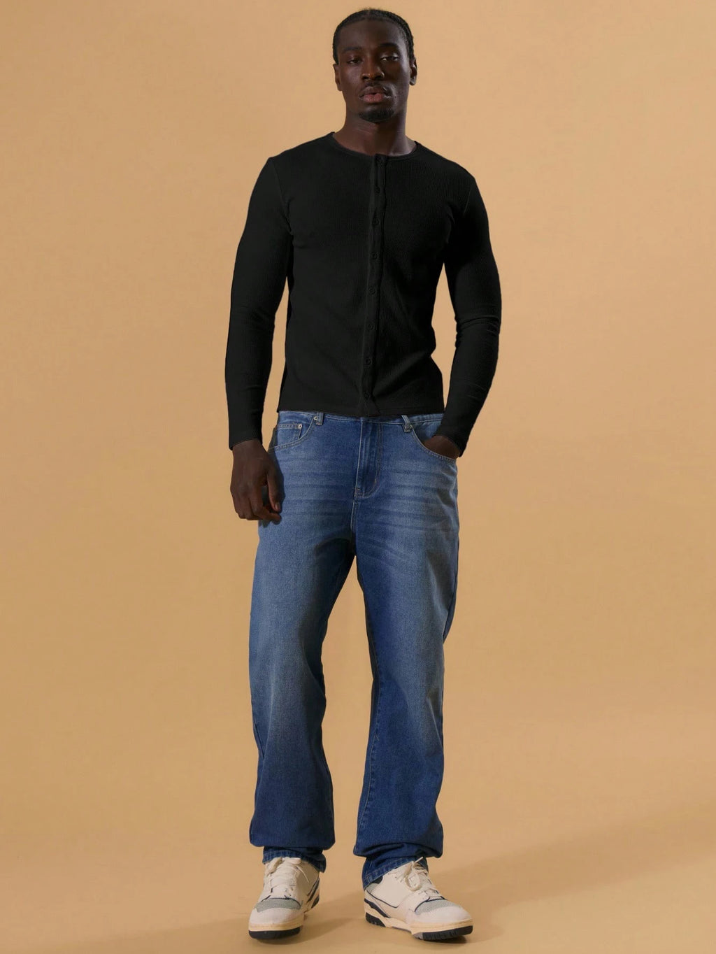 Black Button Through Long Sleeve Top