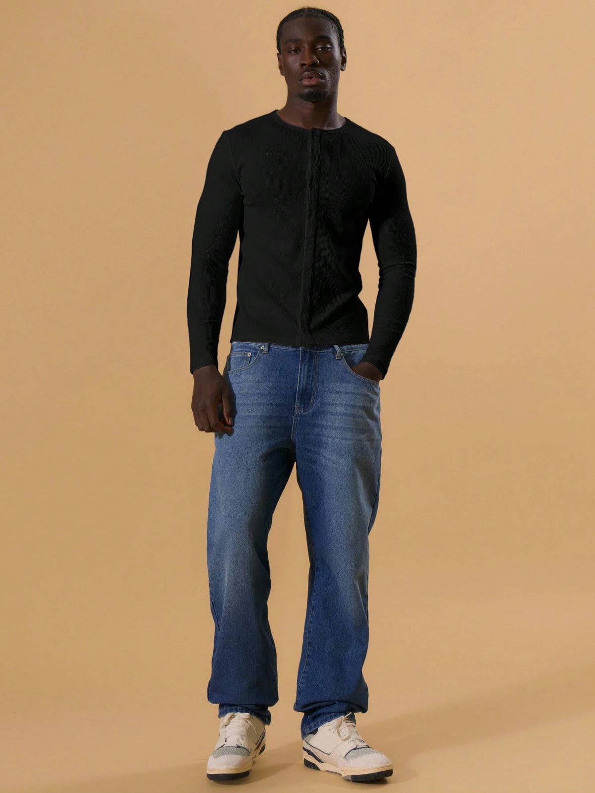 Black Button Through Long Sleeve Top