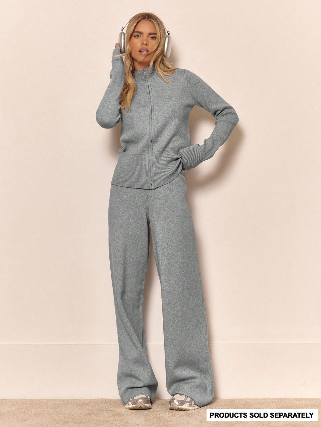 Grey Knit Straight Leg Trousers