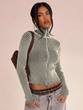 Striped Rib Knit Zip Cardigan
