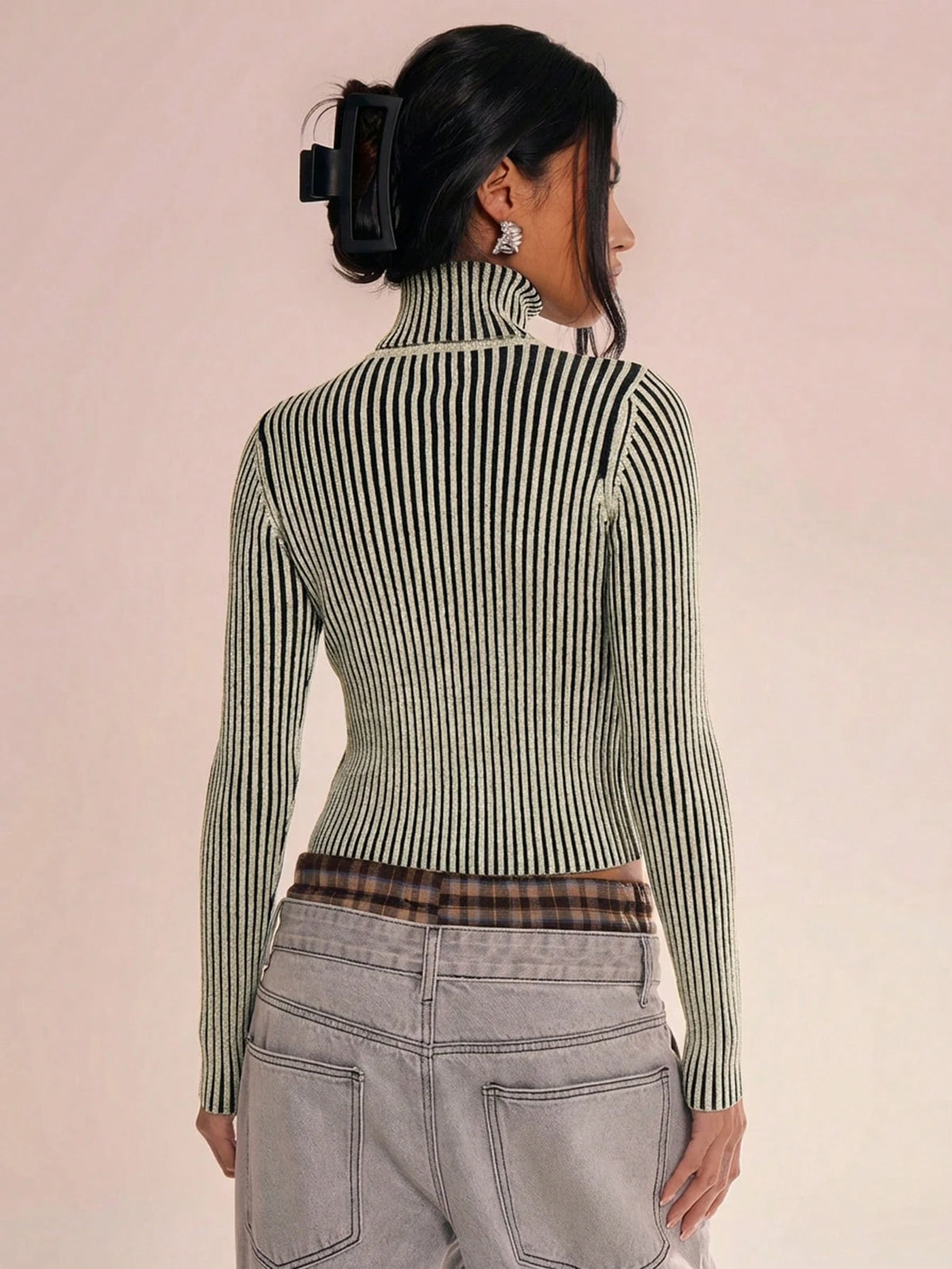 Striped Rib Knit Zip Cardigan