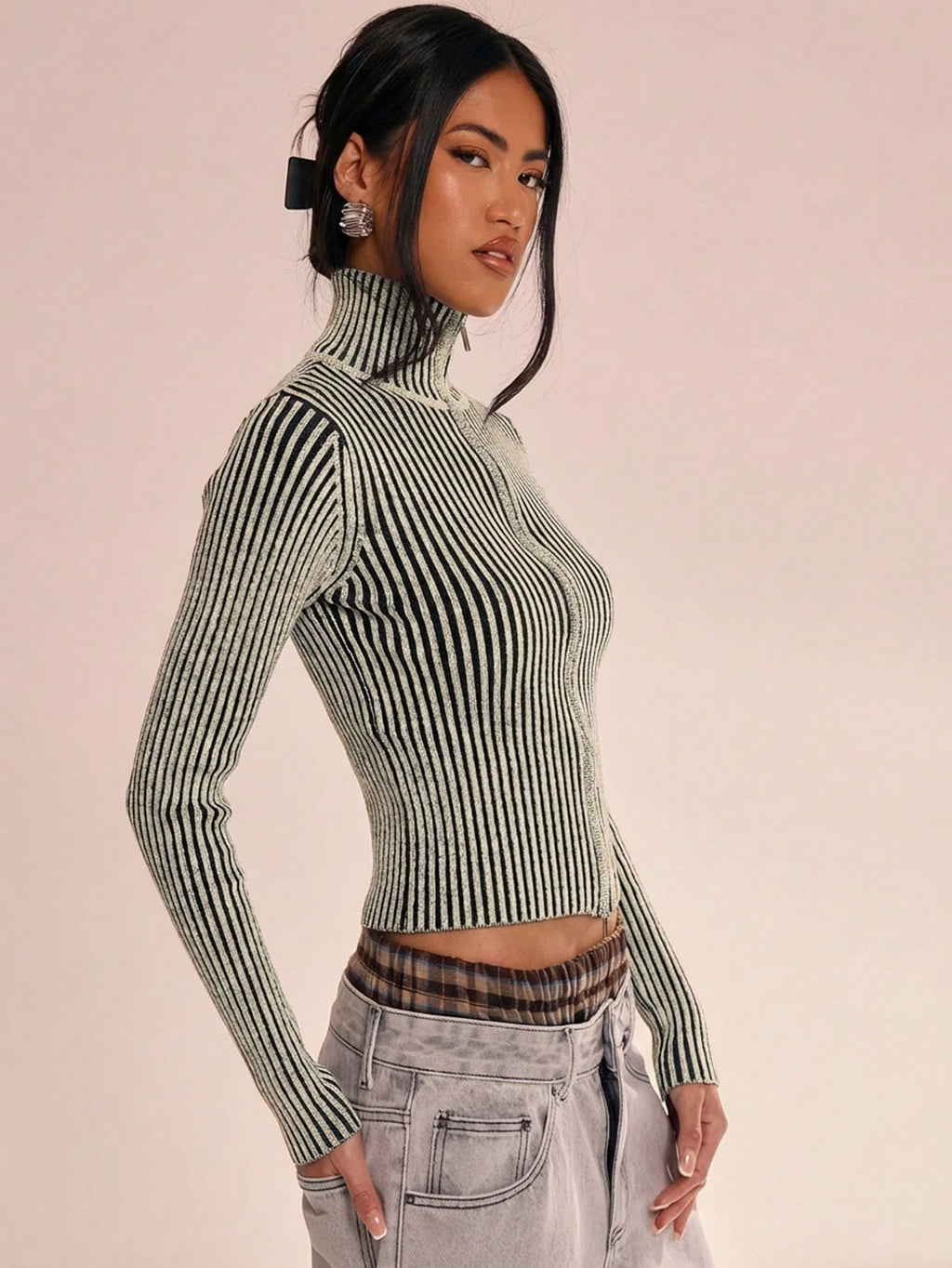 Striped Rib Knit Zip Cardigan