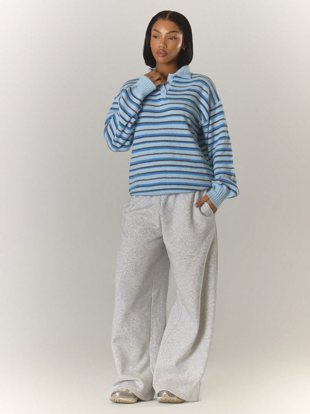 Blue Stripe Knit Polo Sweater