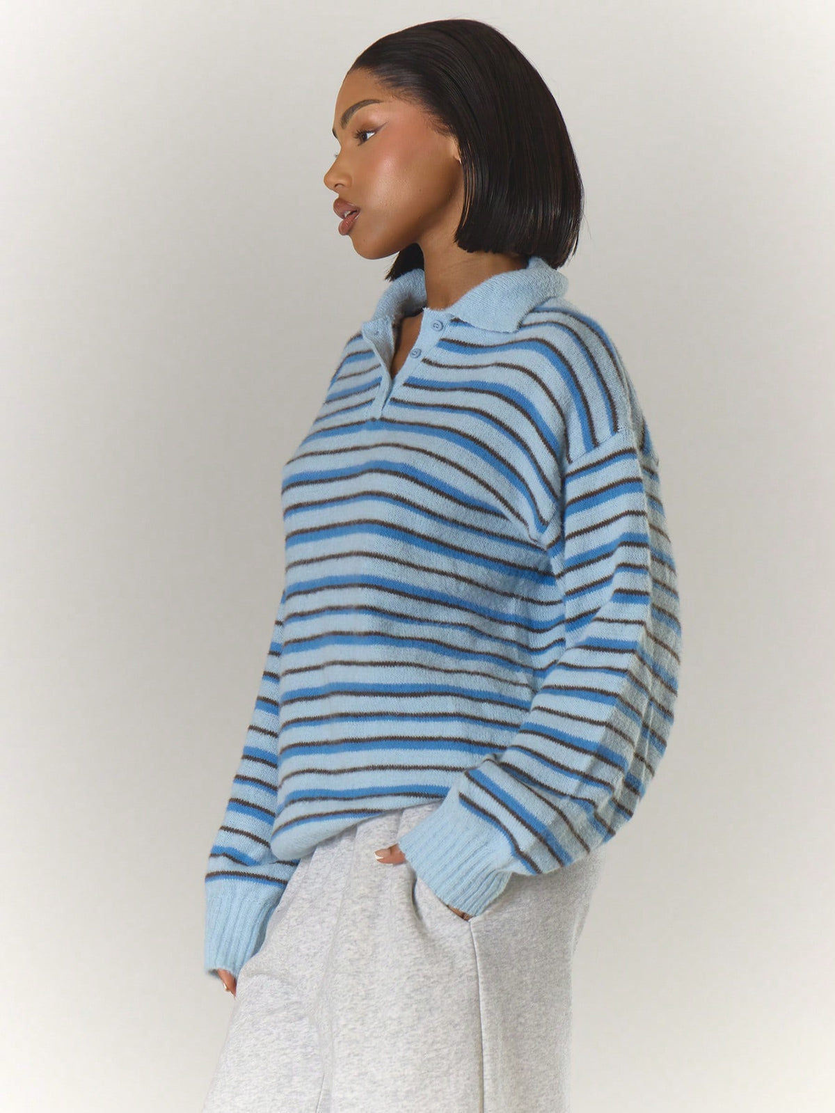 Blue Stripe Knit Polo Sweater