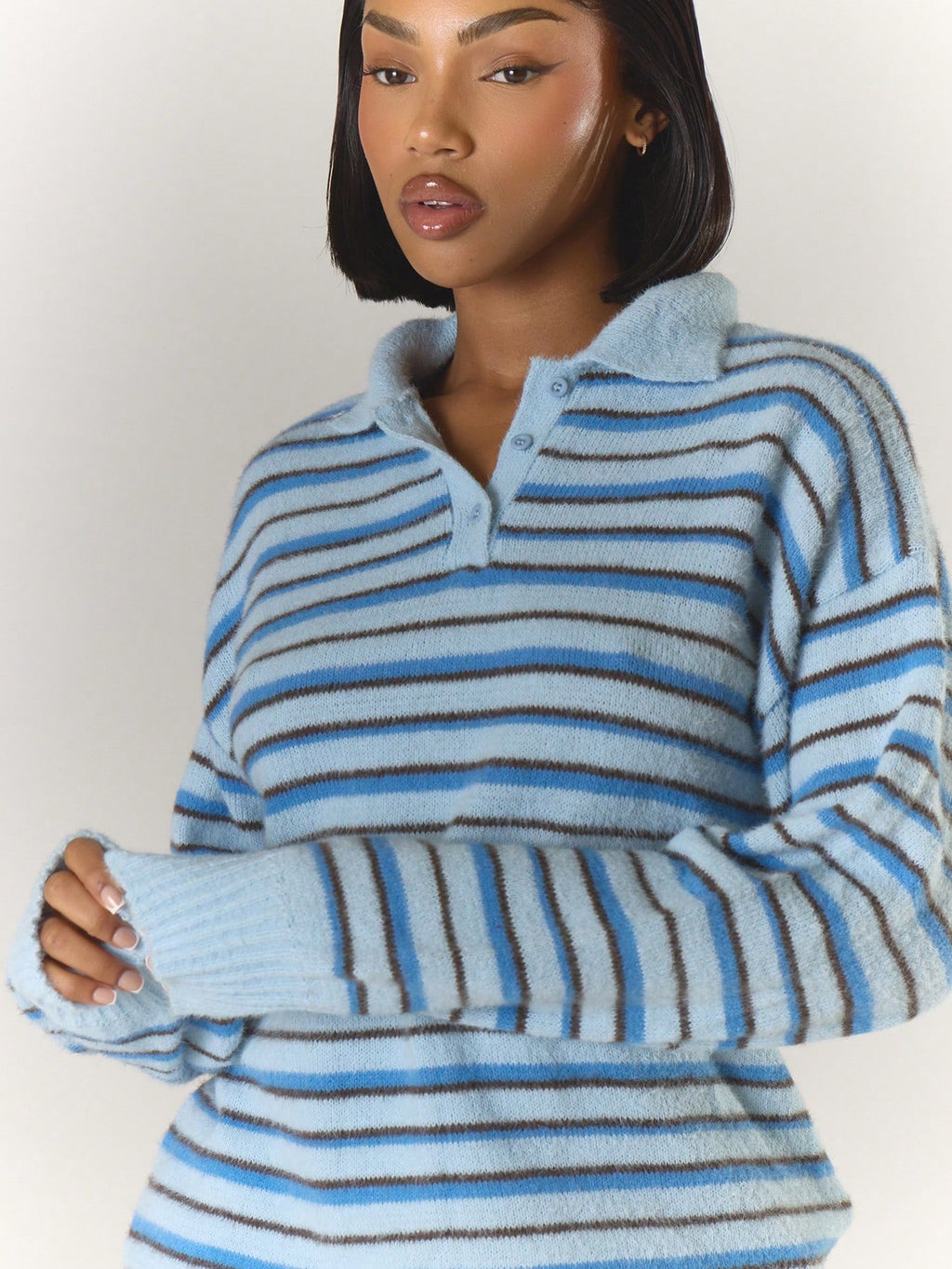 Blue Stripe Knit Polo Sweater