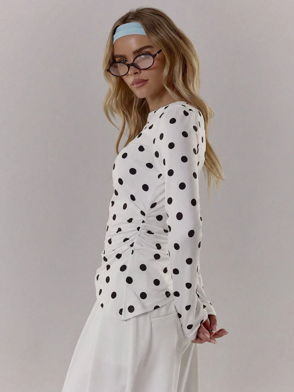 White Polka Dot Long Sleeve Top