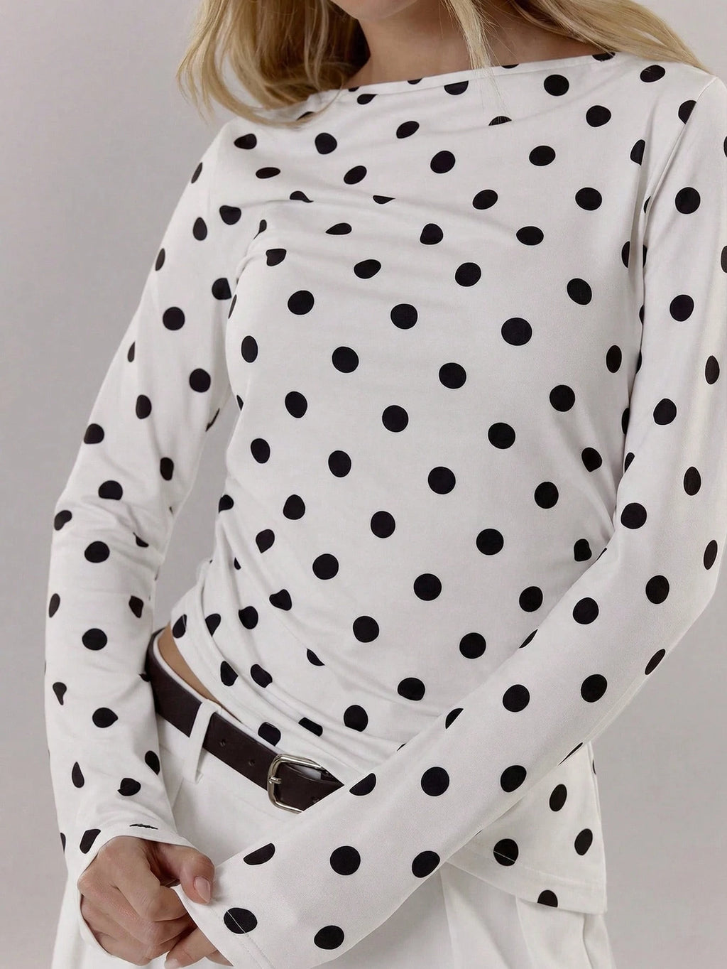 White Polka Dot Long Sleeve Top