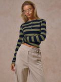 Blue Stripe Button Front Long Sleeve Top