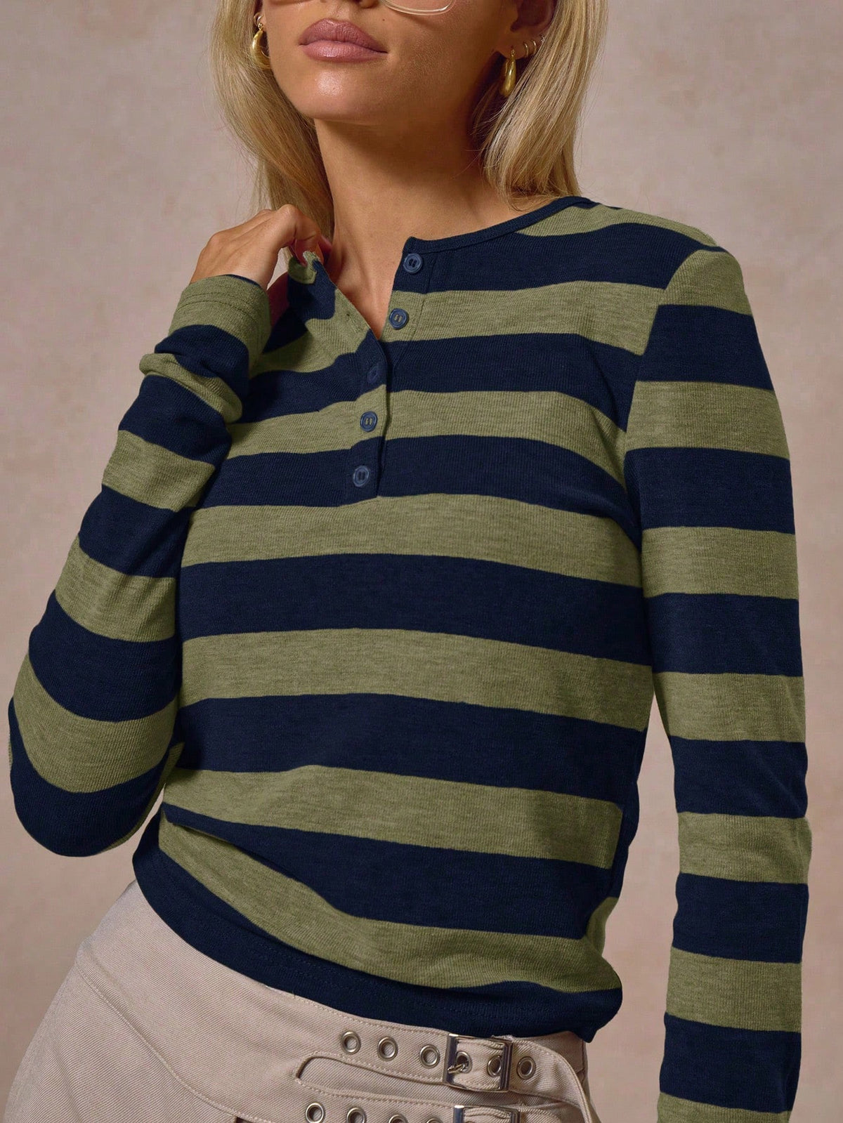 Blue Stripe Button Front Long Sleeve Top