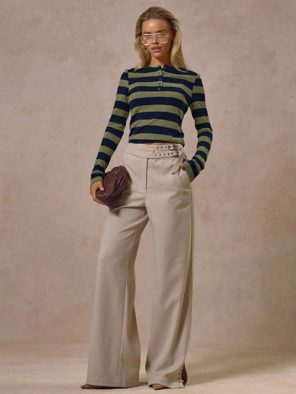 Blue Stripe Button Front Long Sleeve Top