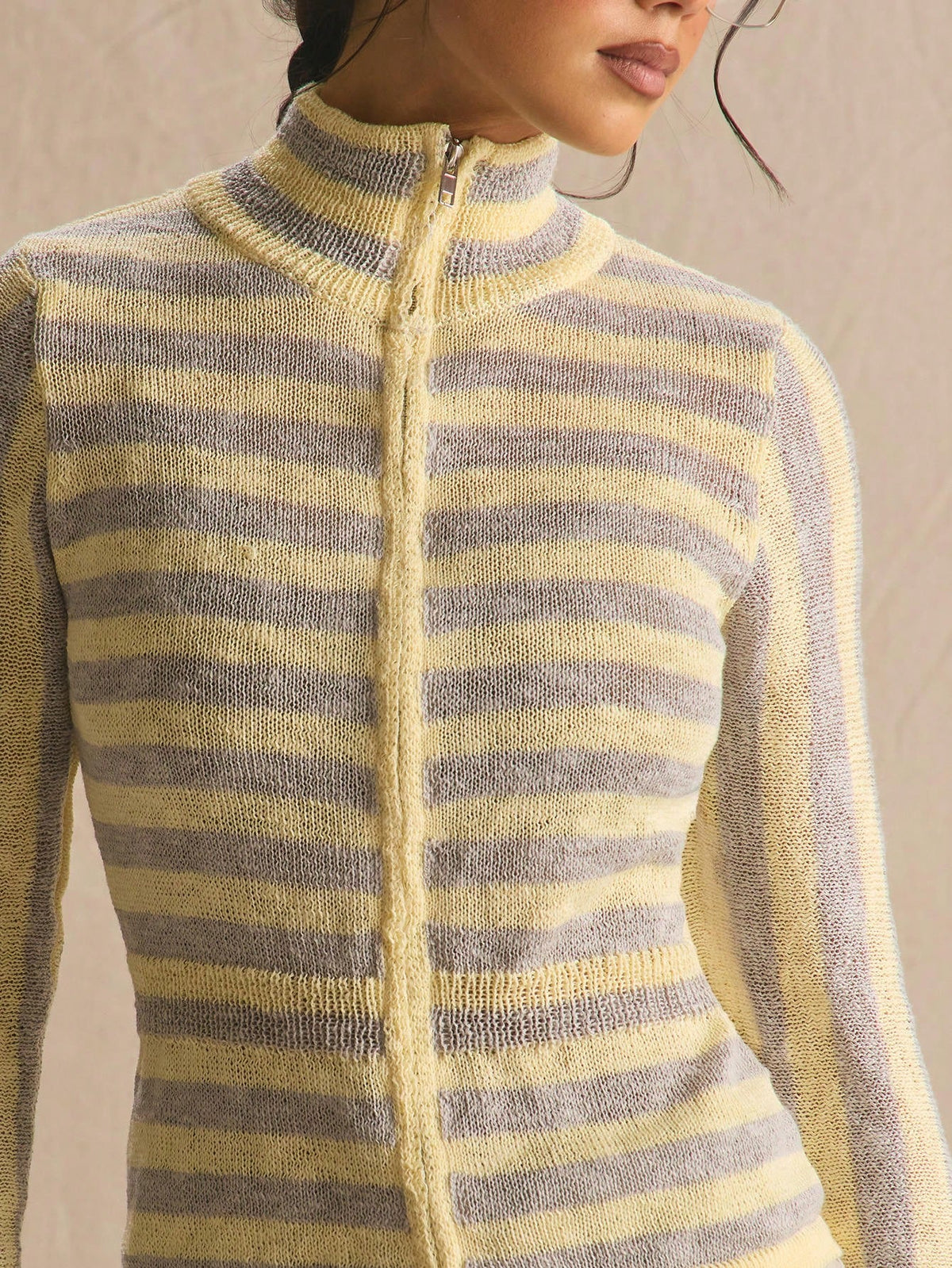 Yellow Stripe Funnel Neck Zip Knit