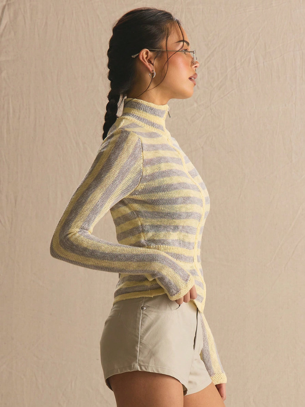 Yellow Stripe Funnel Neck Zip Knit