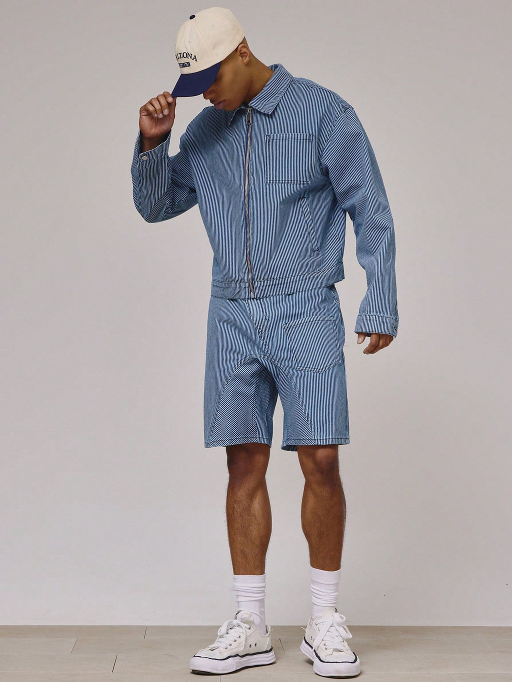 Medium Wash Pinstripe Denim Shorts