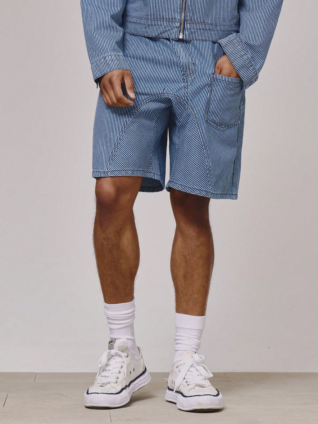 Medium Wash Pinstripe Denim Shorts