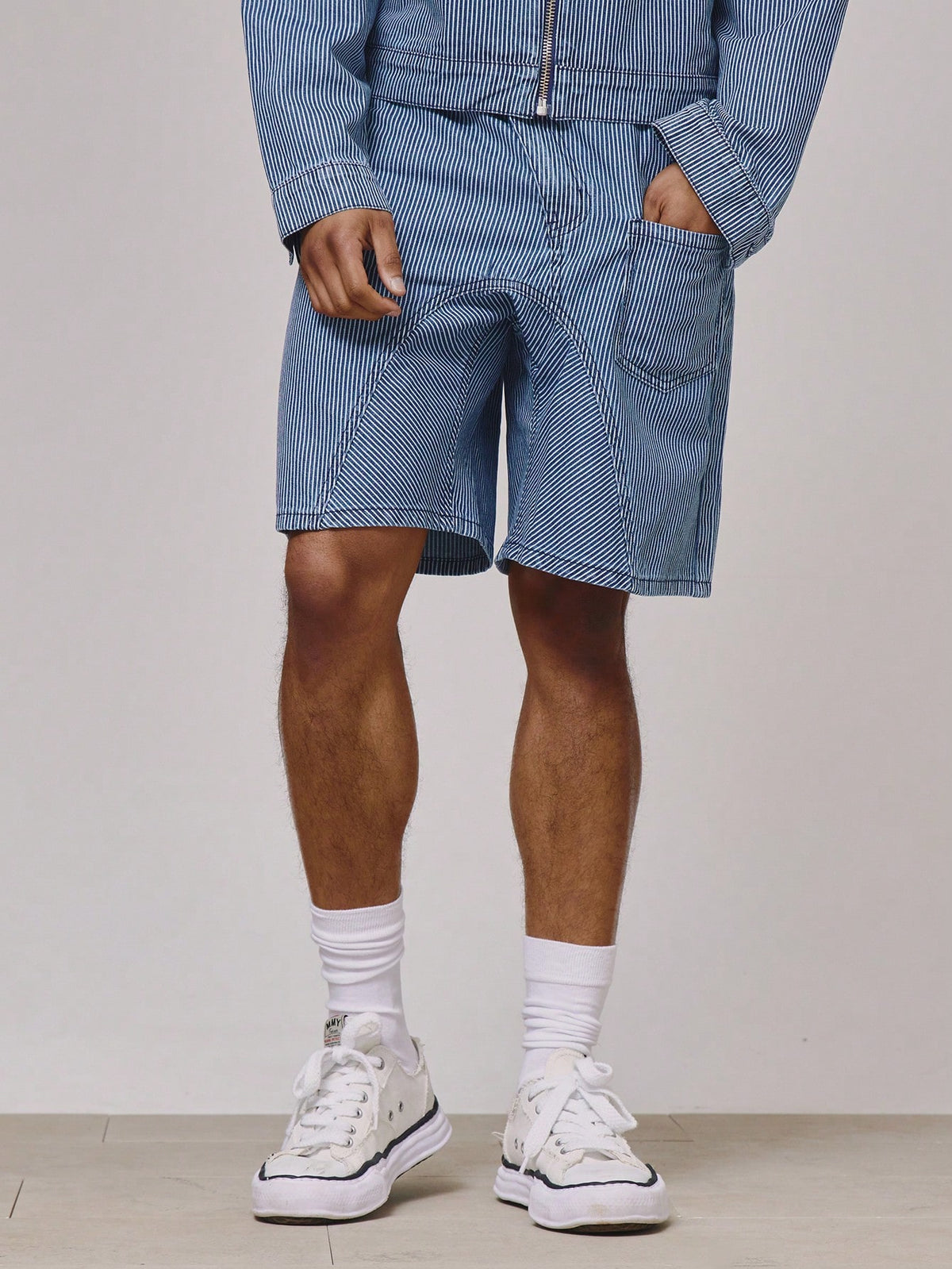 Medium Wash Pinstripe Denim Shorts