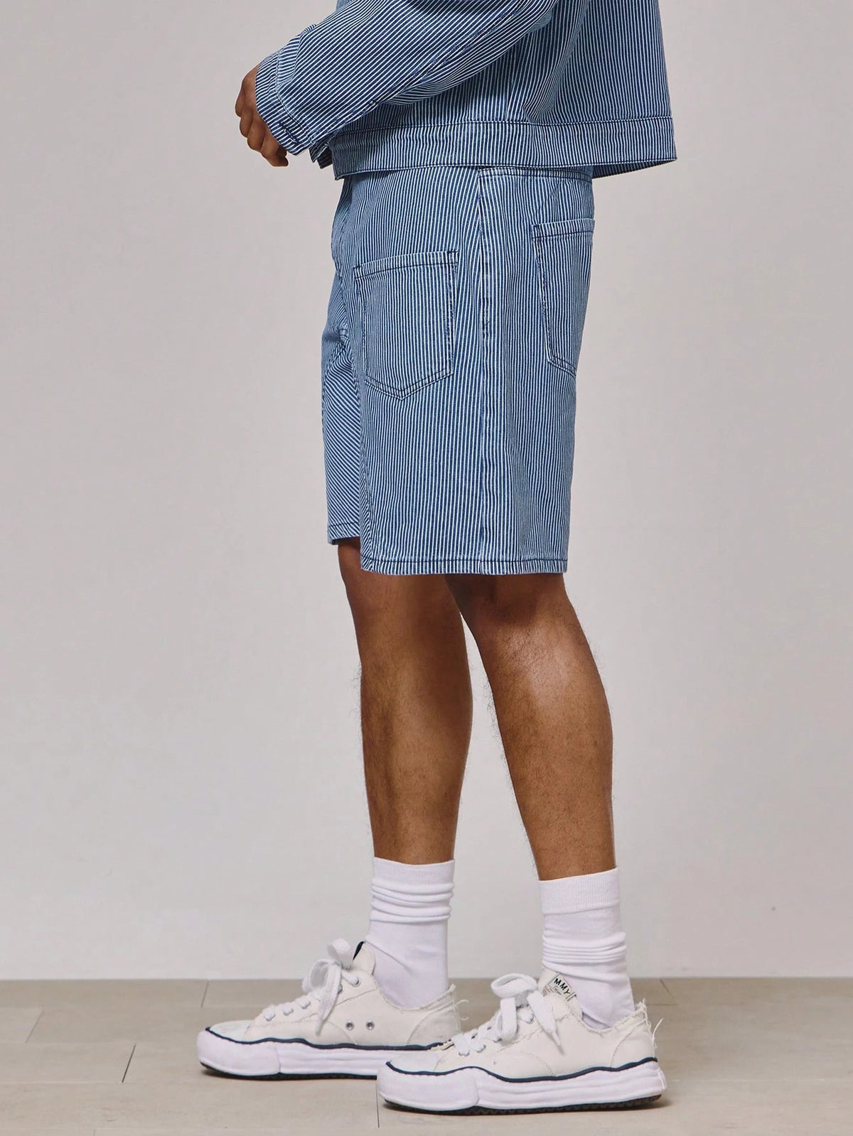 Medium Wash Pinstripe Denim Shorts