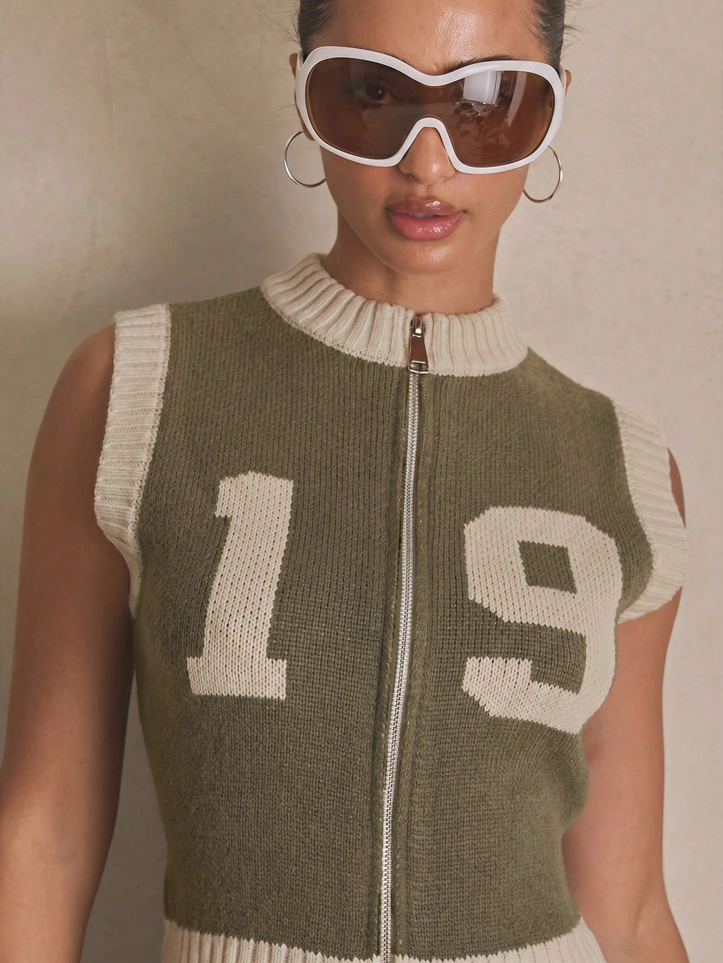 Khaki Graphic Zip Crop Knit