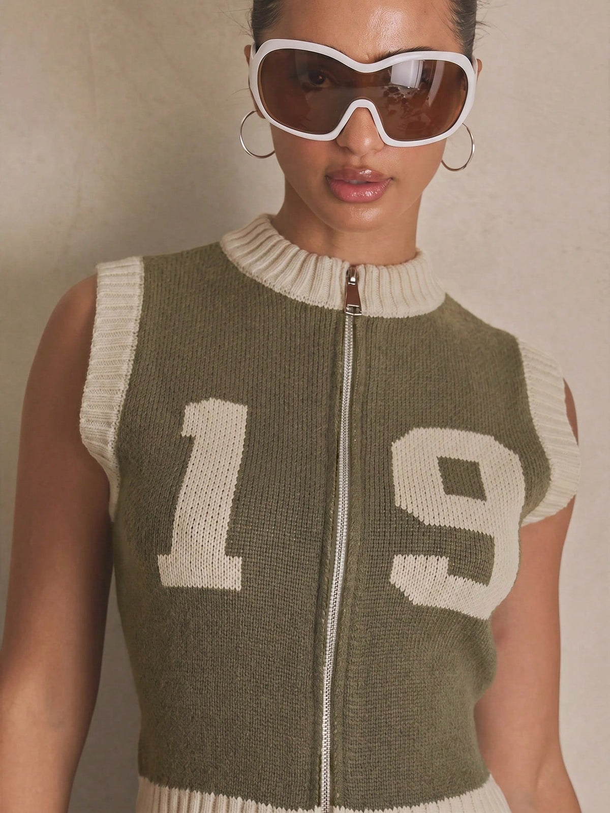 Khaki Graphic Zip Crop Knit