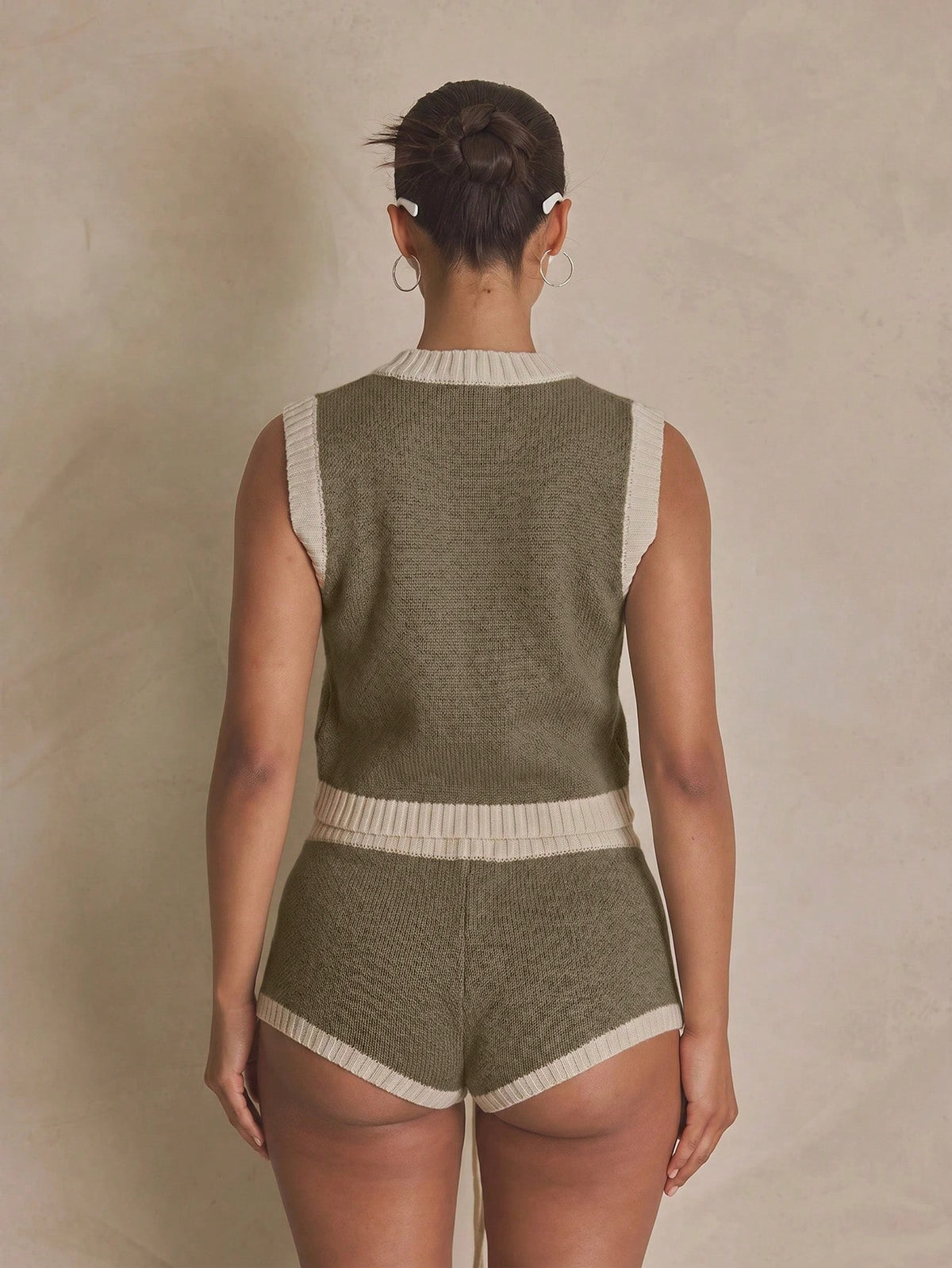 Khaki Graphic Zip Crop Knit