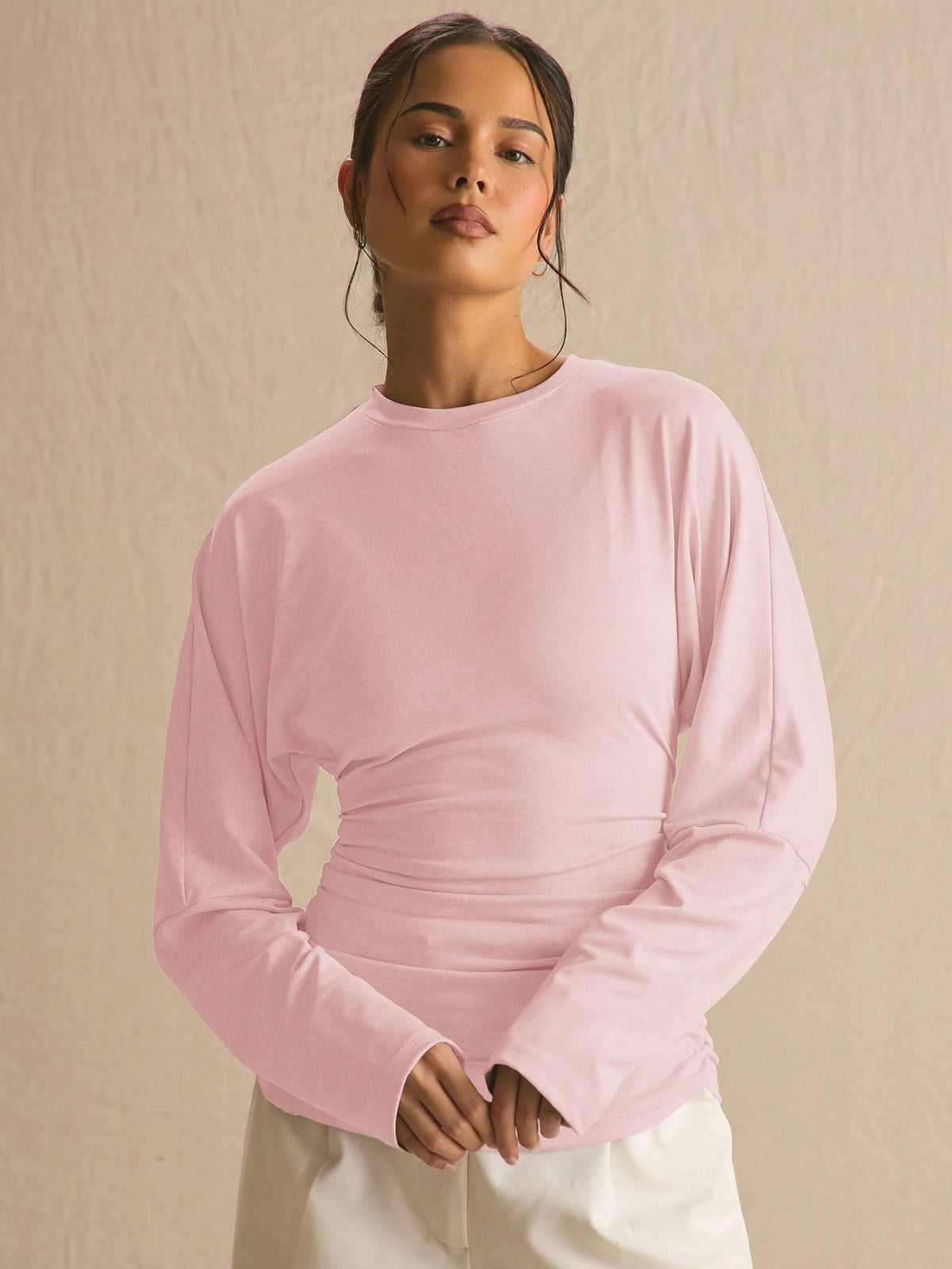 Pink Ruched Waist Batwing Long Sleeve Top