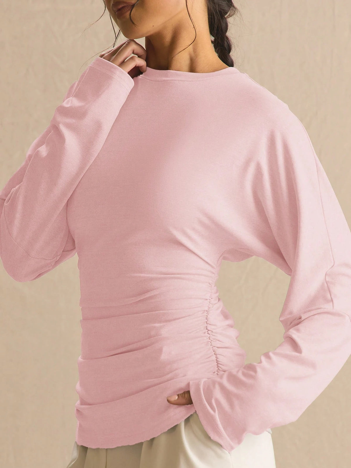 Pink Ruched Waist Batwing Long Sleeve Top